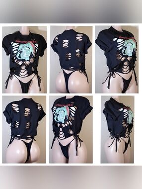 Black DEEP PURPLE Custim Distressed Graphic Crop Top with Side Tie